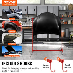 Adjustable red painting rack with 8 hooks for holding auto body parts like hoods and fenders.