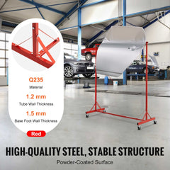 Red adjustable steel painting rack with 8 hooks on wheels for auto body parts.