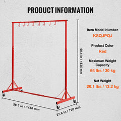 Red adjustable painting rack with 8 hooks and wheels for auto body parts drying and organization.