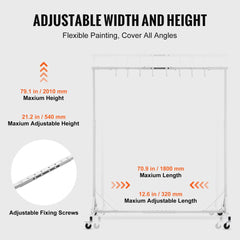 White adjustable painting rack with 8 hooks, 70.9 inch length, 79.1 inch height, on casters.