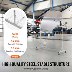 White adjustable steel painting rack with 8 hooks on wheels in a garage setting.