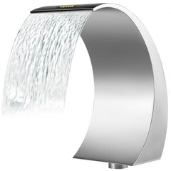 Stainless steel pool waterfall fountain in polished silver, 15.4 inches tall with a crescent curve.