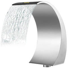 Stainless steel pool waterfall fountain with a polished silver finish and crescent curve design.