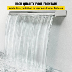 Stainless steel 17.7" pool waterfall spillway with a sleek, modern design and wide bevel outlet.