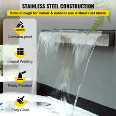 Stainless steel pool waterfall spillway fountain with a sleek design and wide bevel outlet.