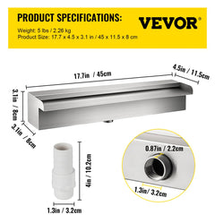 Stainless steel pool waterfall spillway with a sleek design and wide bevel outlet.