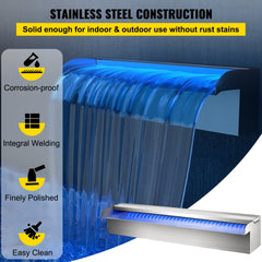 Stainless steel LED pool waterfall fountain with multi-color light options and smooth water flow.
