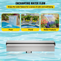 Stainless steel pool waterfall fountain with multi-color LED strip and adjustable settings.