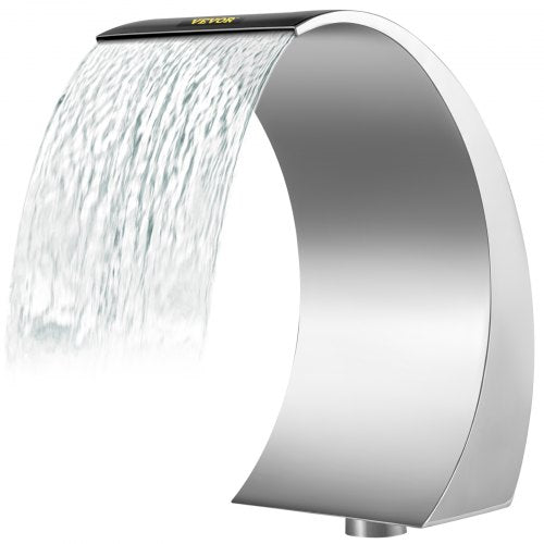 Stainless steel waterfall pool fountain with curved design and cascading water, 11.8 by 23.6 inches.