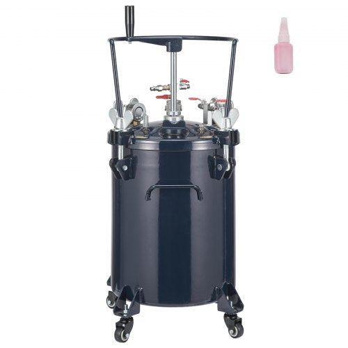 A dark blue 30L spray paint pressure pot with an agitator and casters, plus a small pink bottle.