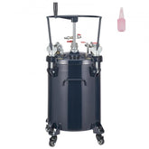 A dark blue 30L spray paint pressure pot with an agitator and casters, plus a small pink bottle.