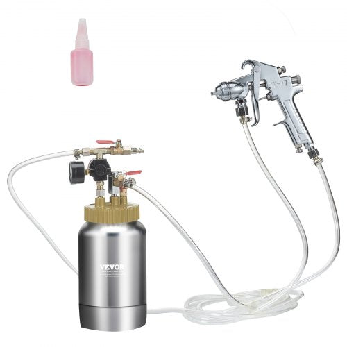 Bostome 2L spray paint pressure pot tank with silver body, hoses, valves, and 1.8mm nozzle gun, plus pink tip bottle.