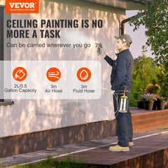 Man using Bostome 2L spray paint pressure pot tank with 1.8mm nozzle gun outdoors.