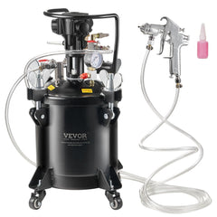 Bostome 10L black spray paint pressure pot with automatic stirring, 70 PSI gauge, and attached spray gun on wheels.