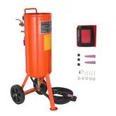 Orange 10-gallon portable sand blaster on wheels with hose, gun, nozzles, and accessories.