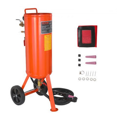 Orange 10-gallon portable sand blaster on wheels with hose, gun, nozzles, and accessories.