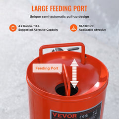 Red 4.2-gallon semi-automatic sand blaster with large feeding port and 60-100 grit capacity.