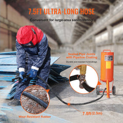 Portable 10-gallon sand blaster kit with heavy-duty gun, 7.5-foot hose, and wheeled tank.