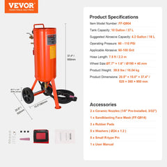 Orange 10-gallon portable sand blaster with wheels, hose, and accessories.