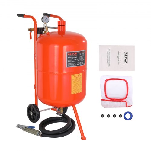Red 20-gallon portable sand blaster cart with wheels, hose, gauge, and accessories.