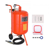 Red 20-gallon portable sand blaster cart with wheels, hose, gauge, and accessories.