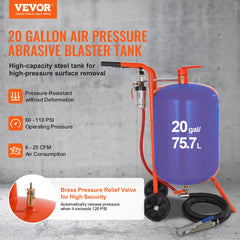 20-gallon portable sand blaster with 60-110 PSI gauge, ceramic nozzles, and wheeled blue tank.