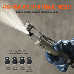 Four ceramic nozzles of sizes 3/32 inch to 9/64 inch for a sand blaster, shown attached to a spray gun.