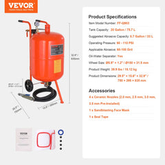 20-gallon portable sand blaster with orange tank, wheels, hose, and ceramic nozzles.