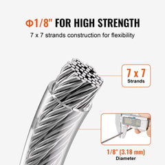 Bostome T304 stainless steel cable, 1/8" 7x7 wire rope, 100 ft, with a polished surface and accessories.
