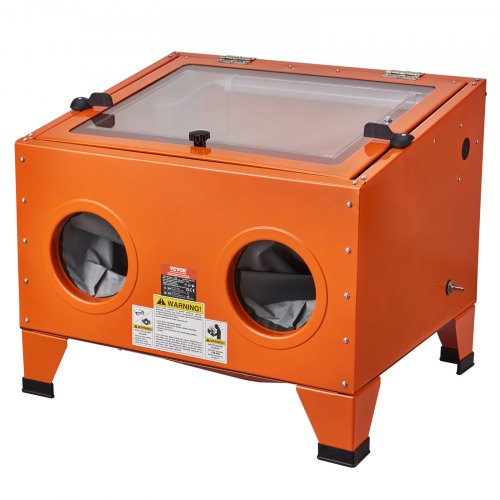 Orange 25-gallon steel sandblasting cabinet with transparent window and dual gloves.