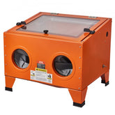 Orange 25-gallon steel sandblasting cabinet with transparent window and dual gloves.