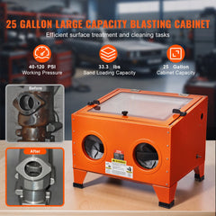 Orange 25-gallon steel sandblasting cabinet with 40-120 PSI gauge, 33.3 lbs sand capacity, and before-after part images.