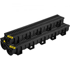 Black HDPE trench drain system with plastic grates, includes three 39.4-inch channels.