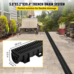 Black HDPE trench drain system with interlocking channels and removable grates, 3-pack.