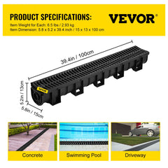 Black HDPE trench drain system with plastic grates, includes three 39.4-inch channels.