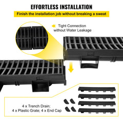 Black HDPE trench drain system with interlocking channels and detachable grates, 4-pack.