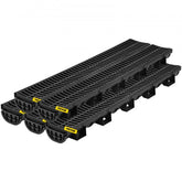 Black HDPE trench drain system with interlocking sections and plastic grates, 5-pack.