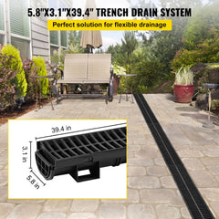 Black HDPE trench drain system with plastic grates, includes six interlocking sections.