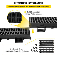Bostome HDPE trench drain system with black plastic grates, includes six interlocking sections.