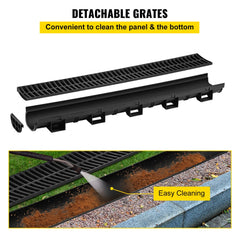 Bostome HDPE trench drain system with six black plastic grates for efficient water drainage.