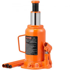 Orange 20-ton hydraulic bottle jack with 9.4-17.7 inch lift range and handle.