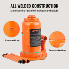 Orange 20-ton hydraulic bottle jack with all-welded steel construction and rubber oil plug.