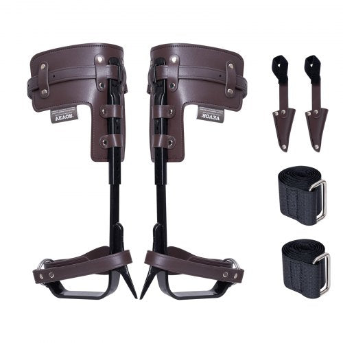Brown alloy steel tree climbing spikes with adjustable height and padded straps for comfort.