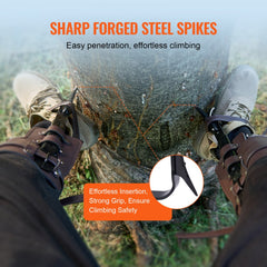 Brown alloy steel tree climbing spikes with adjustable height and padded straps.
