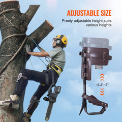 Brown alloy steel tree climbing spikes with adjustable height and padded straps.