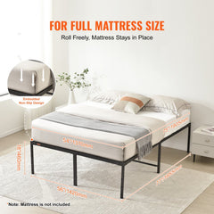 Black 18-inch full metal bed frame with heavy-duty steel slats and nine reinforced legs.