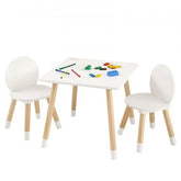 Light wood kids table with two matching chairs, featuring a melamine laminate surface.