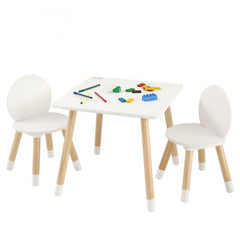 Light wood kids table with two matching chairs, featuring a melamine laminate surface.