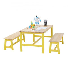 Yellow wooden kids table and two benches with robot toys and art supplies on top.