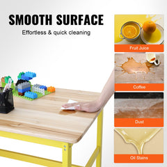 A wooden kids table and bench set with smooth surface, yellow legs, and easy cleaning of spills like fruit juice and coffee.